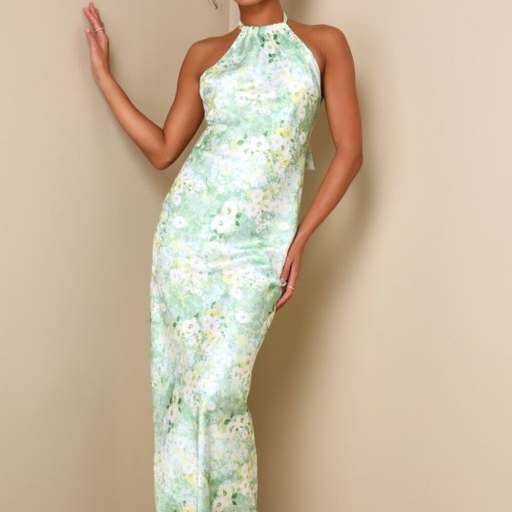 Lulus Glowing Presence Light Green Floral Satin Halter Maxi Dress - Size M